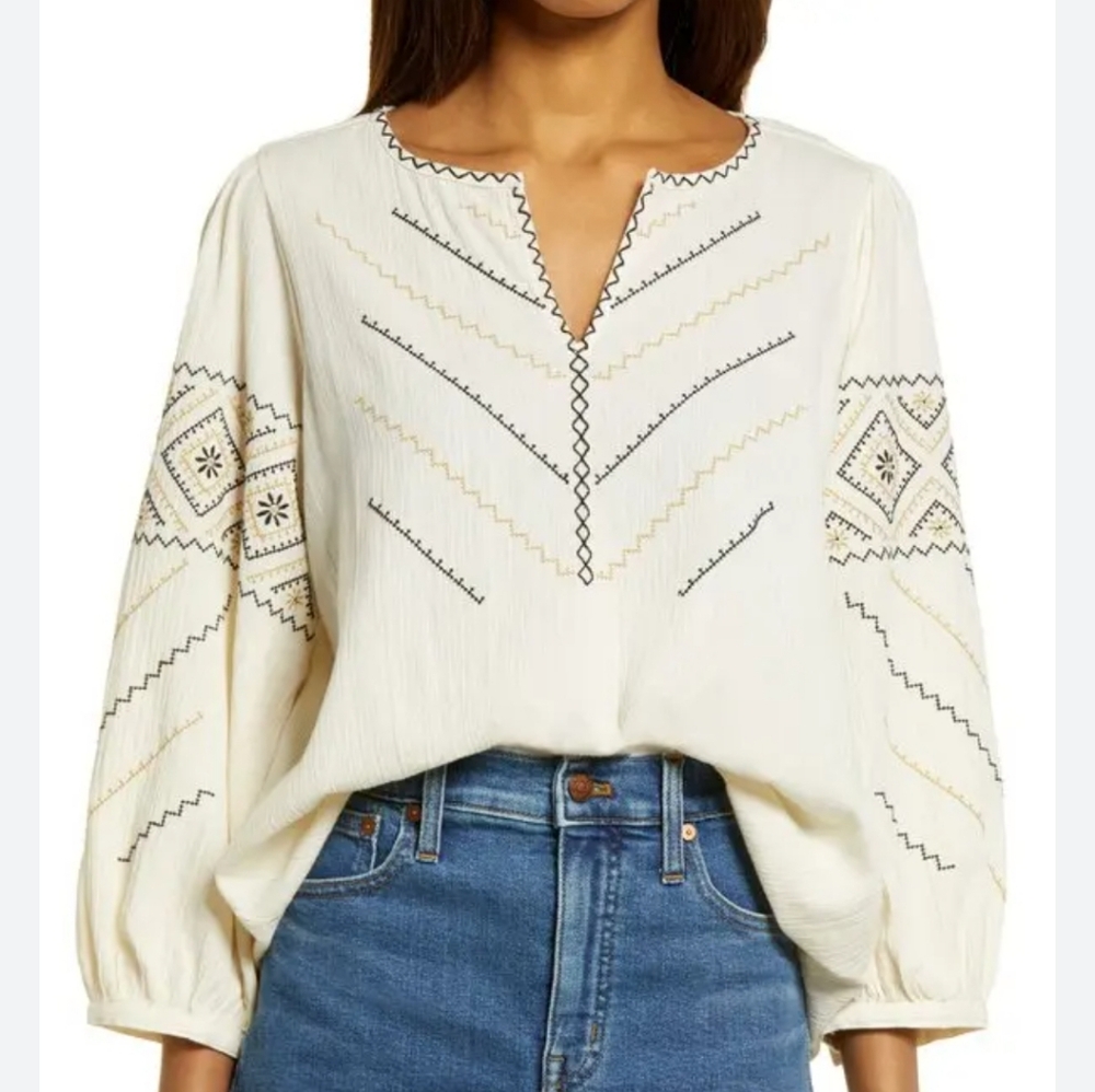 Madewell Cream Embroidered V-Neck Peasant Blouse
